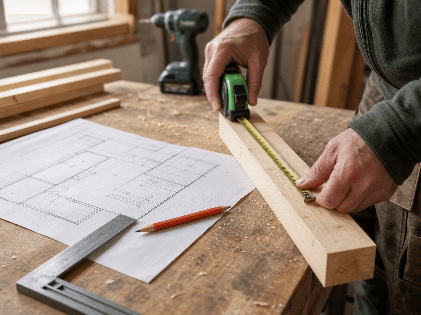 A DIY builder measuring lumber beside a hand-drawn project plan, carpenter pencil, framing square, and drill
